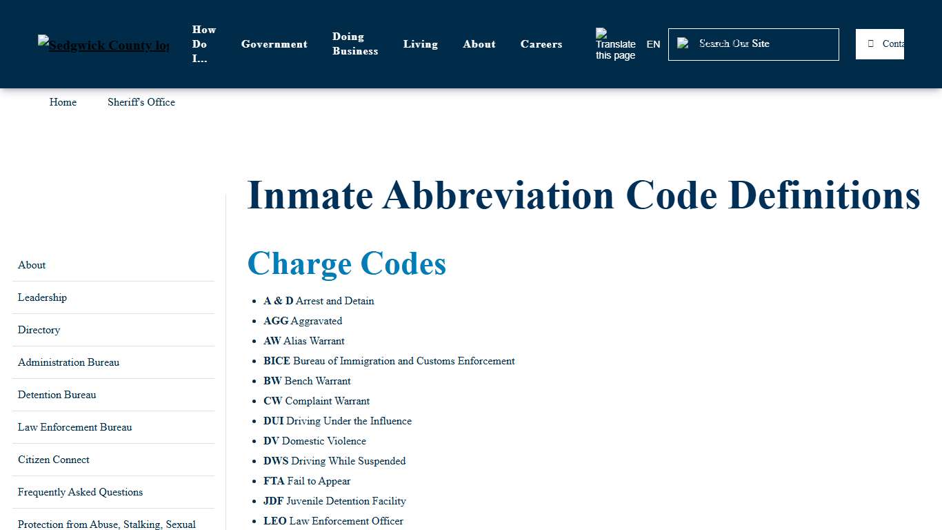 Inmate Abbreviation Code Definitions | Sedgwick County, Kansas