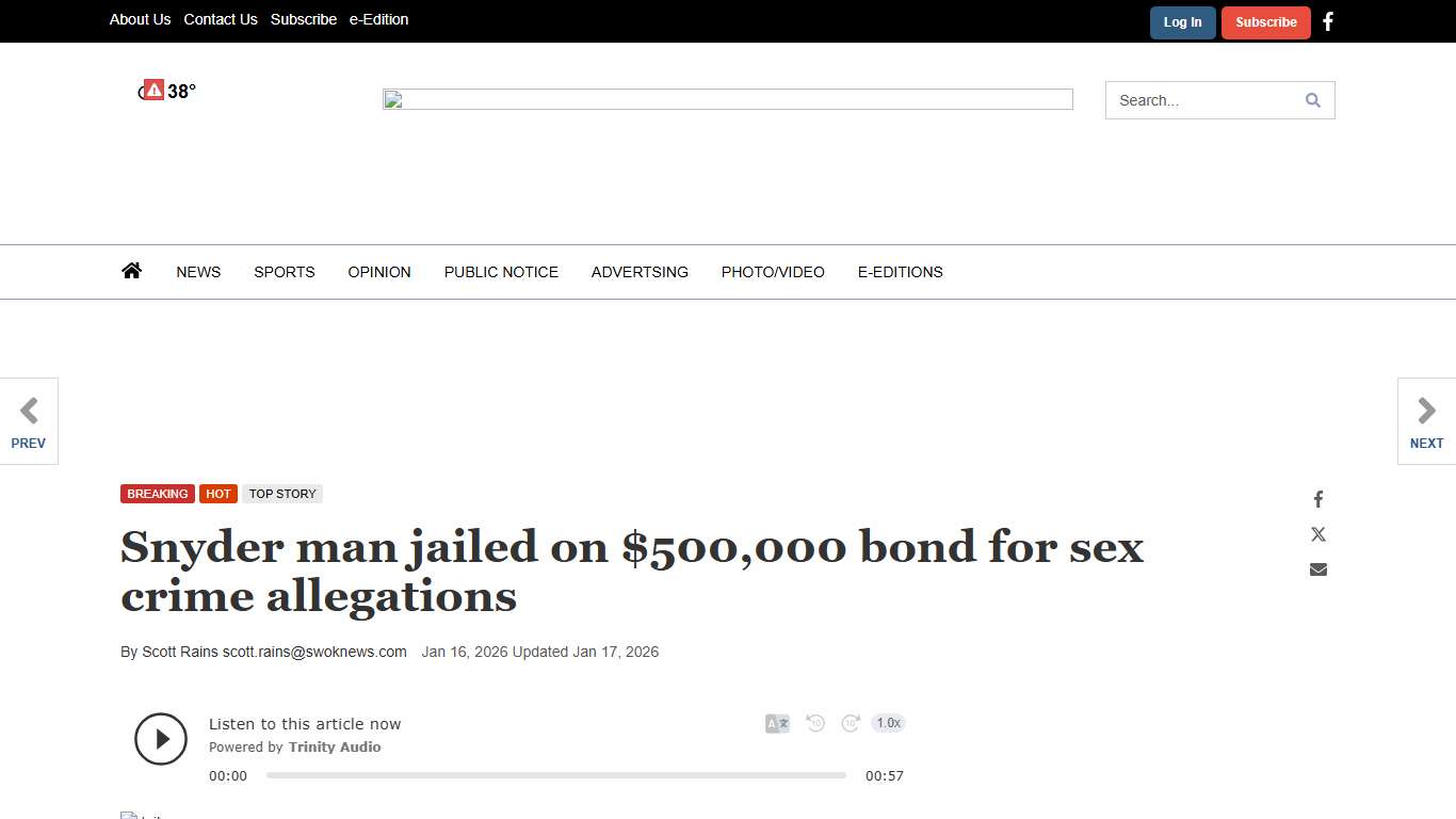 Snyder man jailed on $500,000 bond for sex crime allegations | Community News | swoknews.com